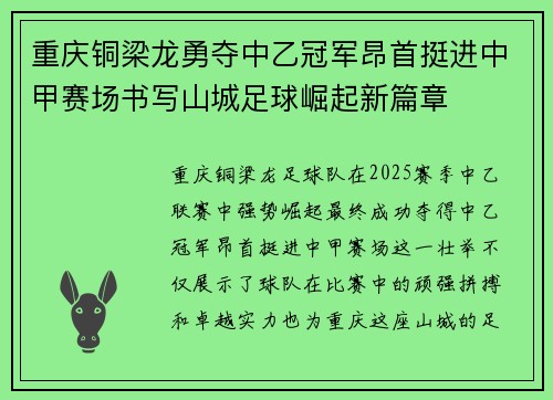 重庆铜梁龙勇夺中乙冠军昂首挺进中甲赛场书写山城足球崛起新篇章