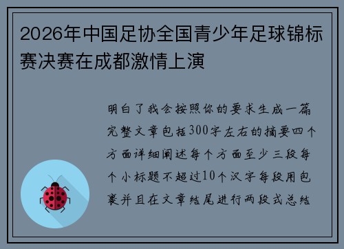 2026年中国足协全国青少年足球锦标赛决赛在成都激情上演